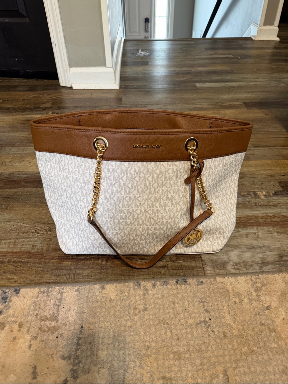 Michael Kors White & Brown Logo Chain-Handle Tote